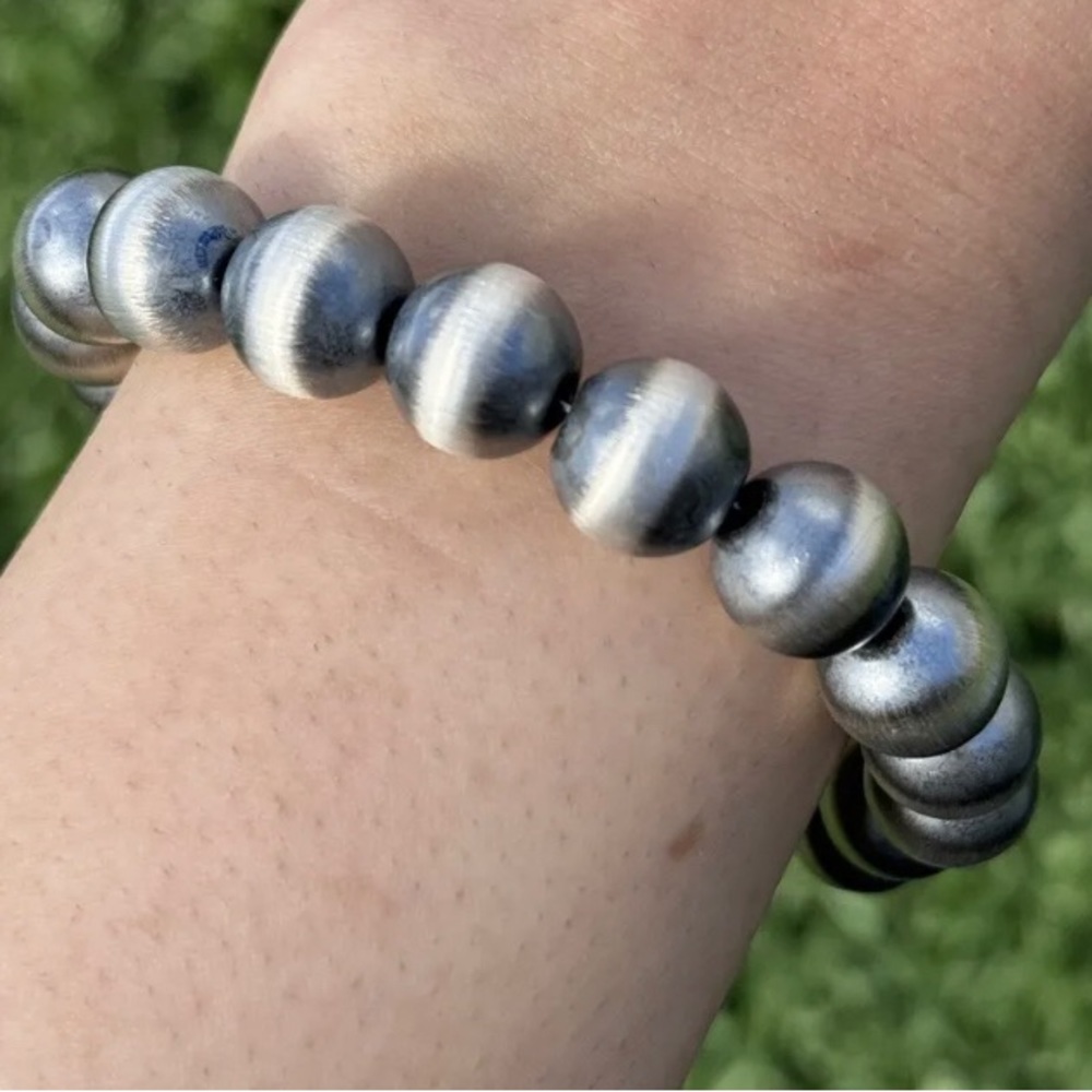 12mm 7 Inch 925 Sterling Silver Oxidized Pearls Bead Bracelet Southwestern